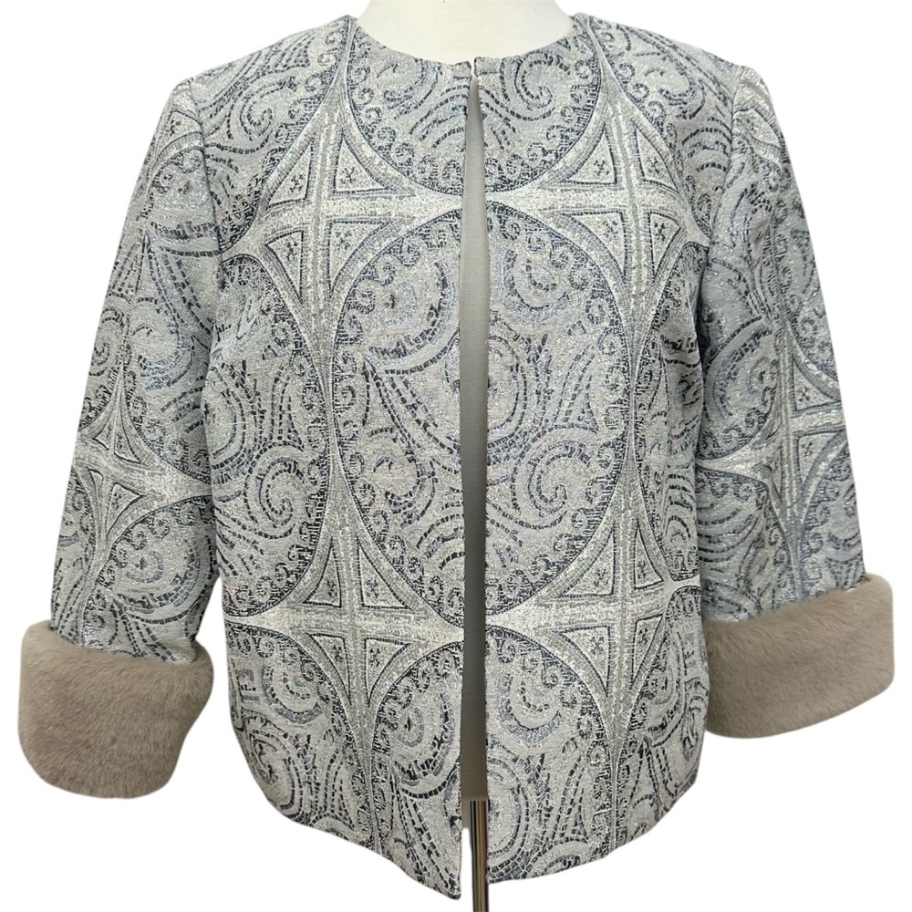 Chico's Metallic Brocade Jacket w/ Faux Fur Removable Cuffs - Picture 4 of 16